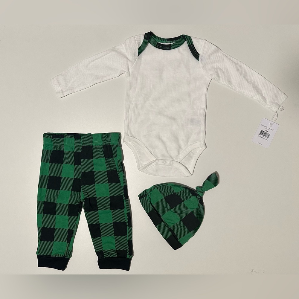 NWT Emporio Baby 6-9M 3pc Holiday Set Green and Black Plaid